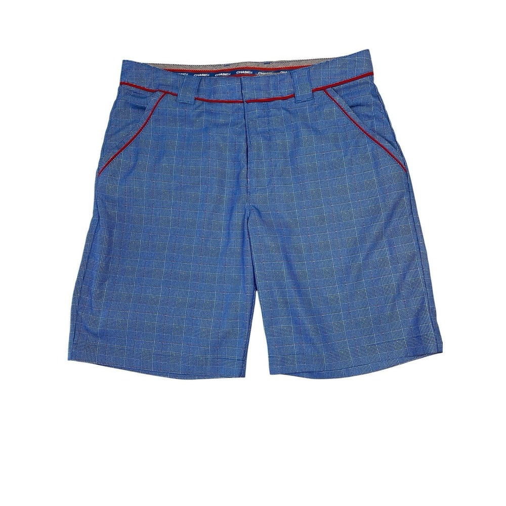 Chase 54 Men's Blue Plaid Golf Shorts - Red Piping - Size 32